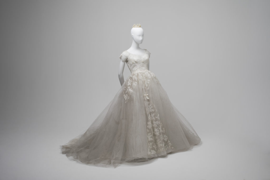 Wedding dress of nylon, lace and seed pearls, made by Bonwit Teller